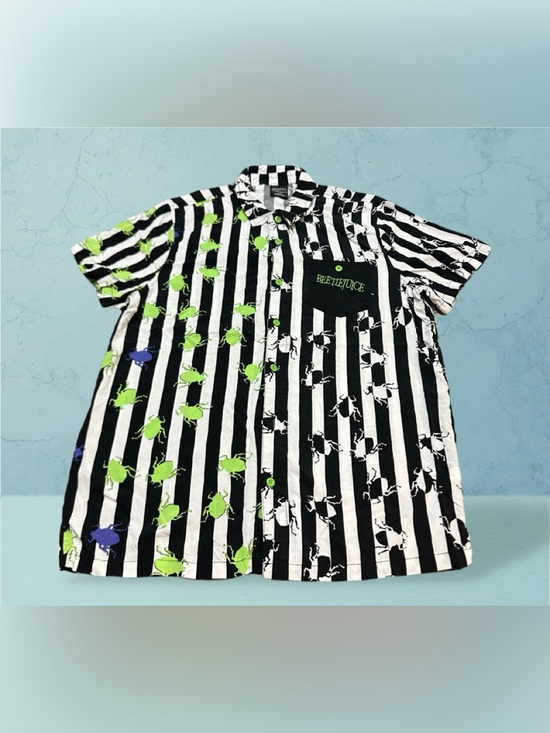 Beetlejuice Other - Beetlejuice Black & White Striped Button-Up Shirt with Neon Beetles XL